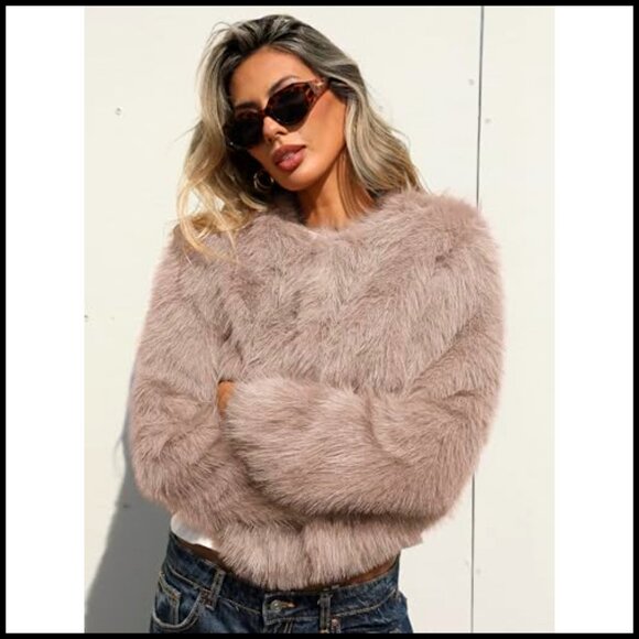 Fluffy Faux Fur Cropped Coat Soft Warm Winter Jacket with Hidden Hooks Pockets - Picture 4 of 7